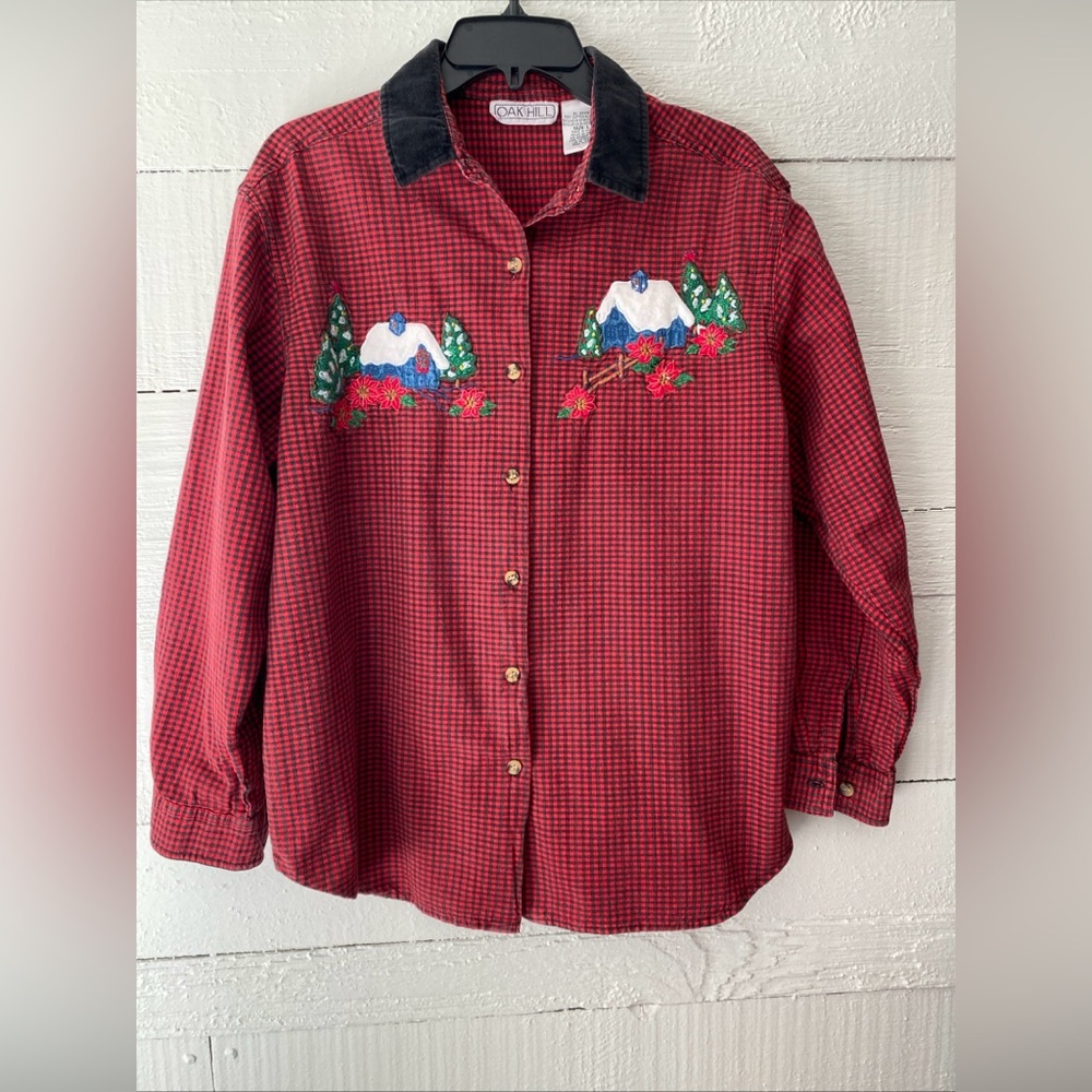 Vtg Oak Hill Christmas Cotton Embroidered Shirt Cottagecore Grandmacore Size L